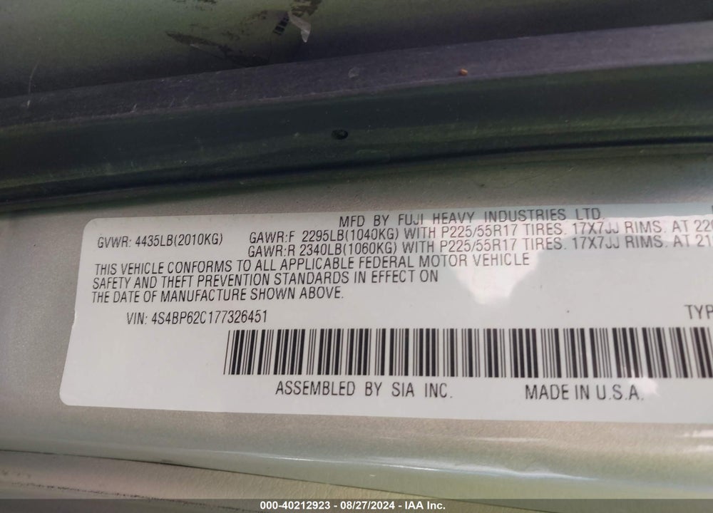 2007 SUBARU OUTBACK 2.5I LIMITED VIN: 4S4BP62C177326451