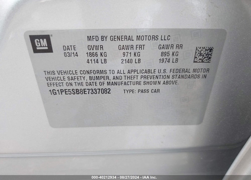 2014 CHEVROLET CRUZE 2LT AUTO VIN: 1G1PE5SB8E7337082