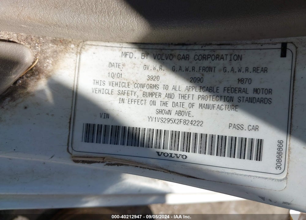 2002 VOLVO S40 A VIN: YV1VS295X2F824222