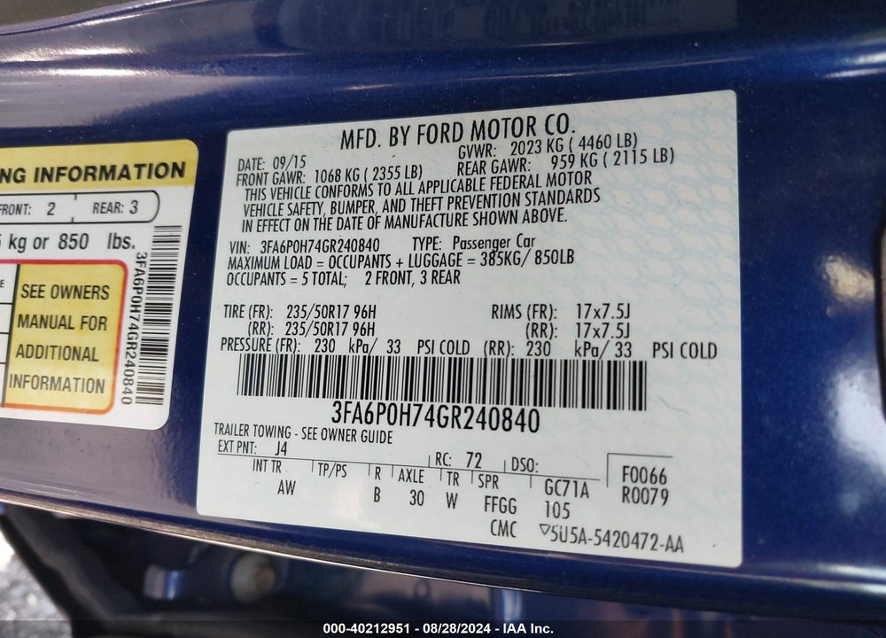 2016 FORD FUSION SE VIN: 3FA6P0H74GR240840