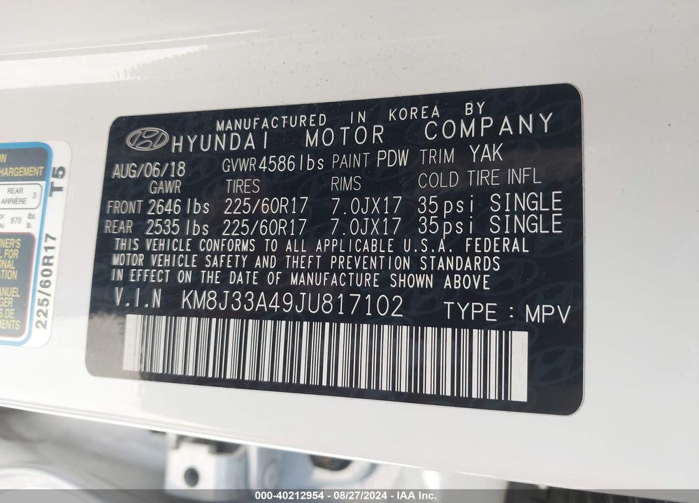 2018 HYUNDAI TUCSON VIN: KM8J33A49JU817102