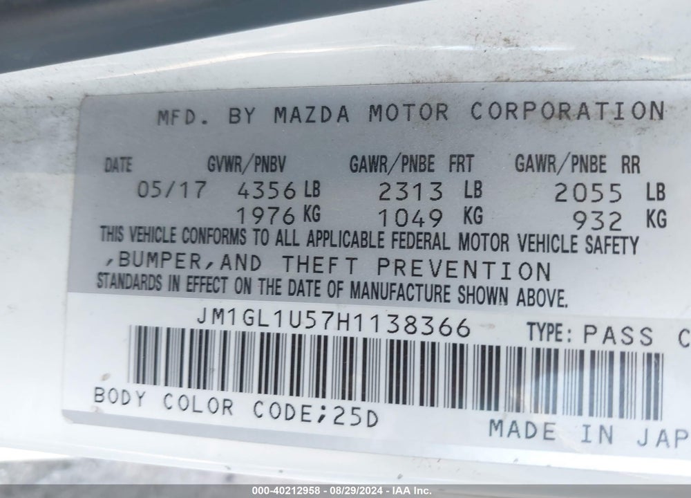 2017 MAZDA 6 SPORT VIN: JM1GL1U57H1138366