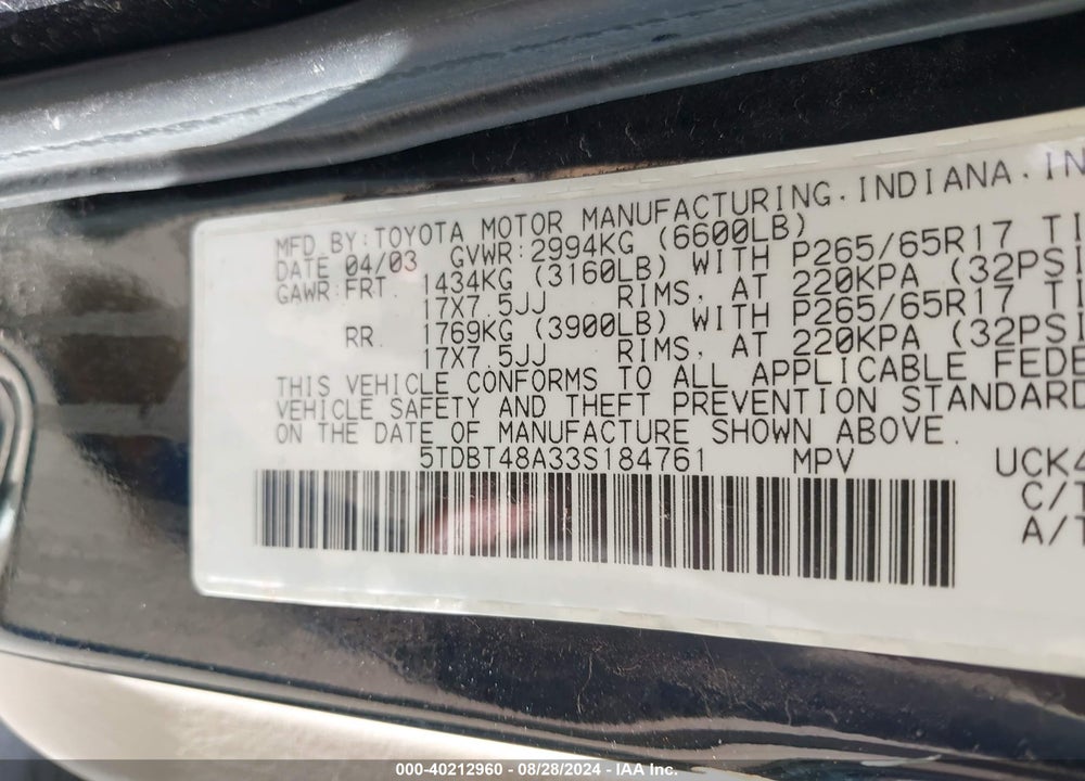 2003 TOYOTA SEQUOIA LIMITED VIN: 5TDBT48A33S184761