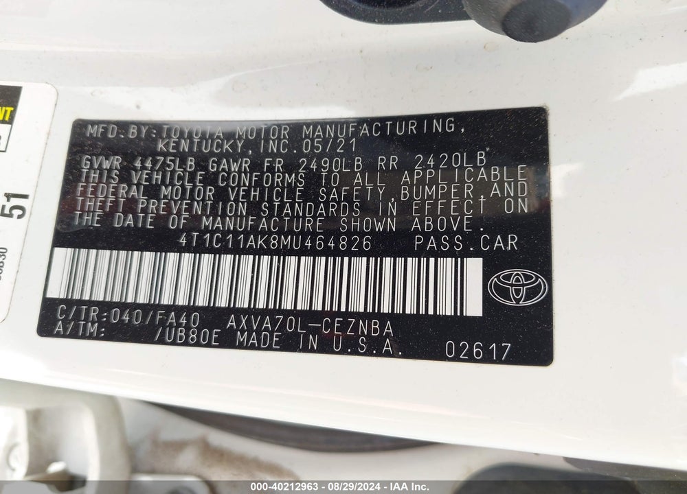 2021 TOYOTA CAMRY LE VIN: 4T1C11AK8MU464826