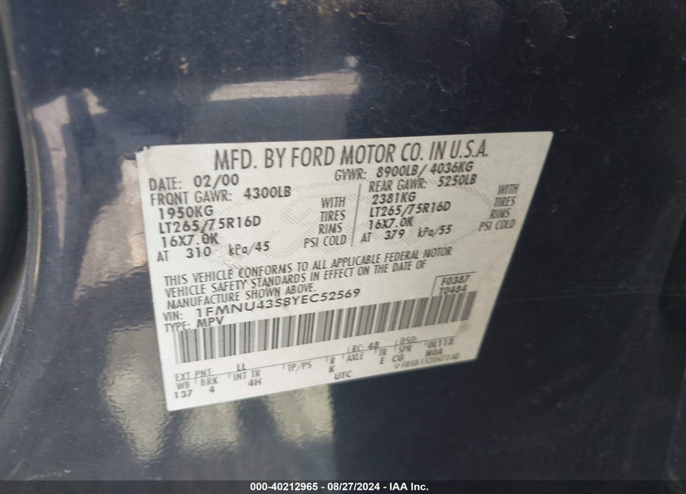 2000 FORD EXCURSION LIMITED VIN: 1FMNU43S8YEC52569