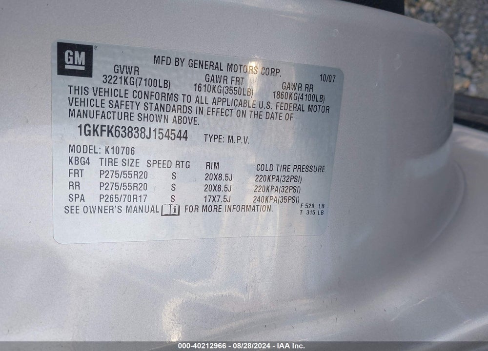 2008 GMC YUKON DENALI VIN: 1GKFK63838J154544