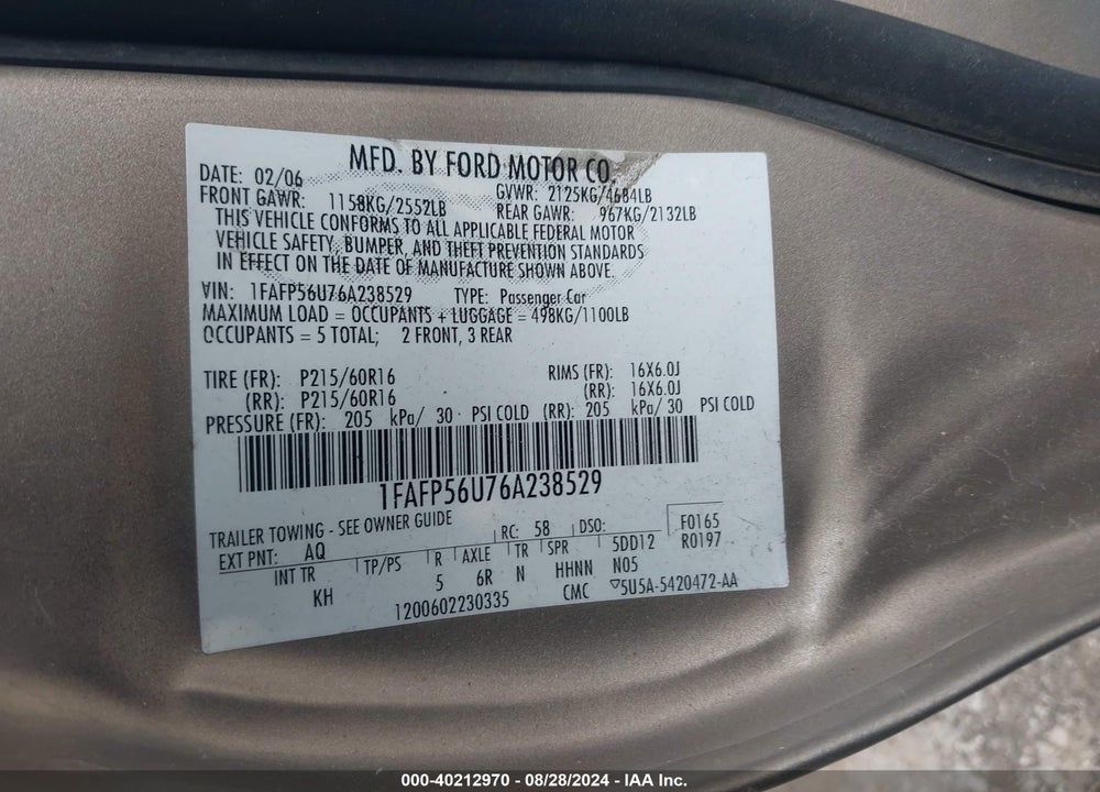 2006 FORD TAURUS SEL VIN: 1FAFP56U76A238529