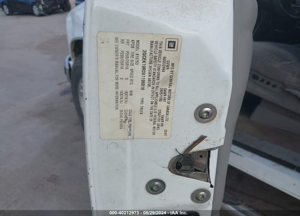 1997 CHEVROLET K1500 FLEETSIDE VIN: 2GCEK19R0V1196816