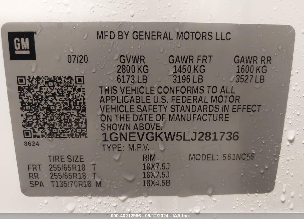 2020 CHEVROLET TRAVERSE AWD LT CLOTH VIN: 1GNEVGKW5LJ281736