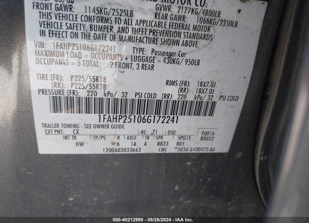 2006 FORD FIVE HUNDRED VIN: 1FAHP25106G172241