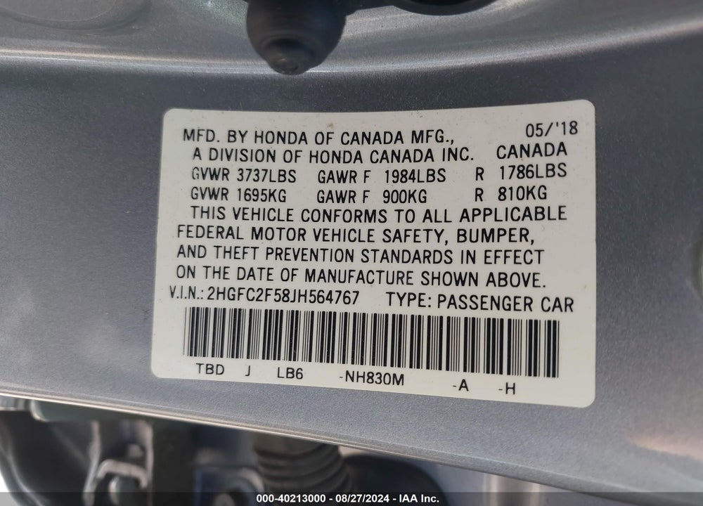 2018 HONDA CIVIC LX VIN: 2HGFC2F58JH564767