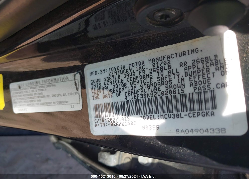 2002 TOYOTA CAMRY XLE V6 VIN: 4T1BF30K92U020815