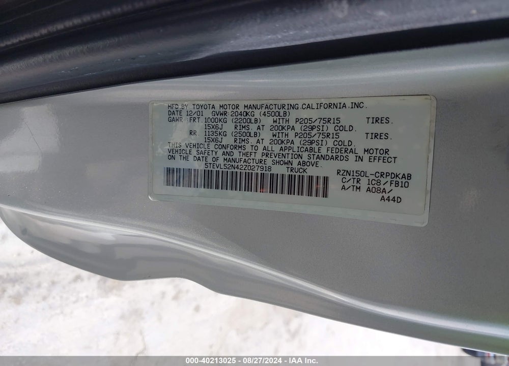2002 TOYOTA TACOMA VIN: 5TEVL52N42Z027918