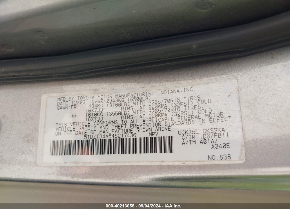 2004 TOYOTA SEQUOIA SR5 V8 VIN: 5TDZT34A54S217436