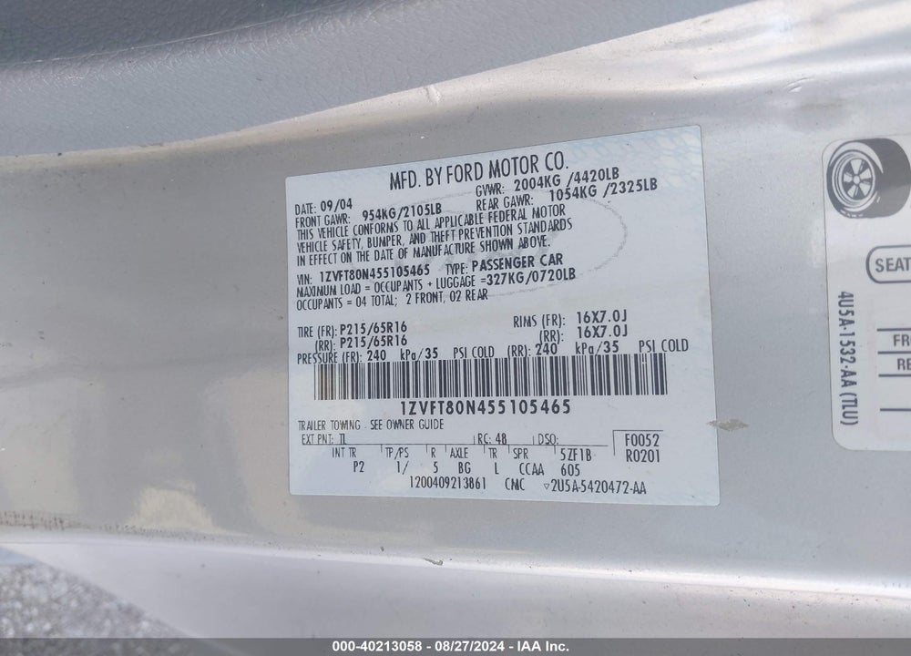 2005 FORD MUSTANG V6 DELUXE/V6 PREMIUM VIN: 1ZVFT80N455105465