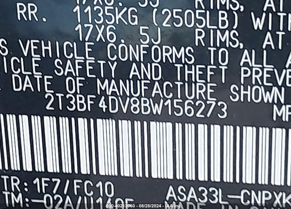 2011 TOYOTA RAV4 VIN: 2T3BF4DV8BW156273