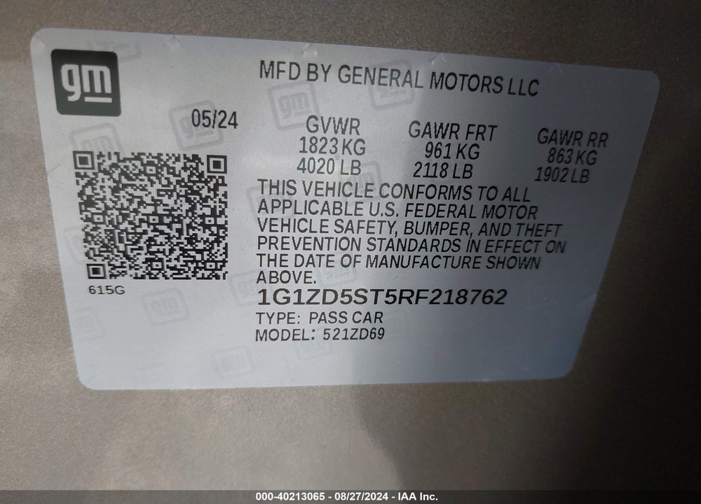 2024 CHEVROLET MALIBU FWD 1LT VIN: 1G1ZD5ST5RF218762