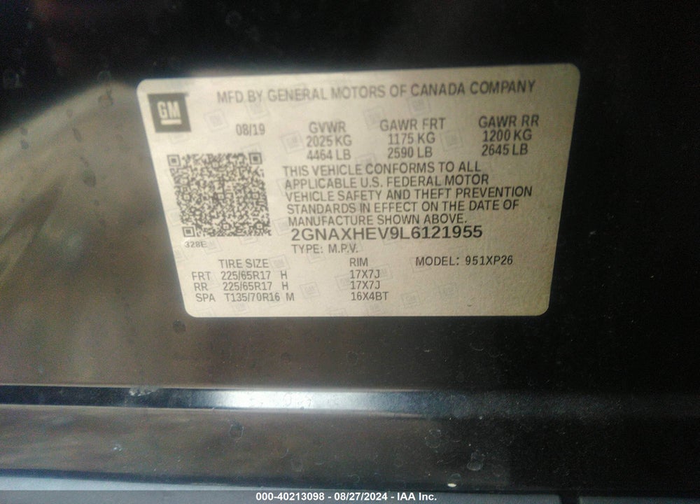 2020 CHEVROLET EQUINOX VIN: 2GNAXHEV9L6121955