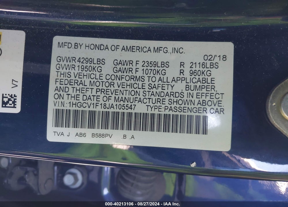 2018 HONDA ACCORD LX VIN: 1HGCV1F18JA105547