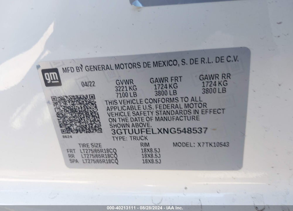 2022 GMC SIERRA 1500 4WD SHORT BOX AT4X VIN: 3GTUUFELXNG548537