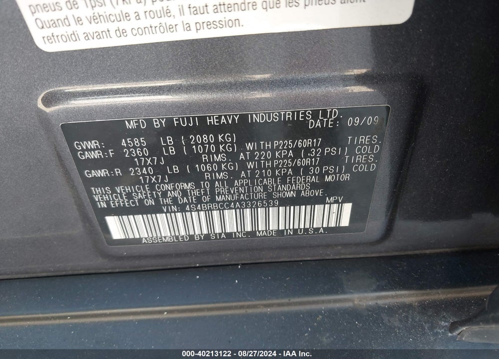 2010 SUBARU OUTBACK 2.5I PREMIUM VIN: 4S4BRBCC4A3326539