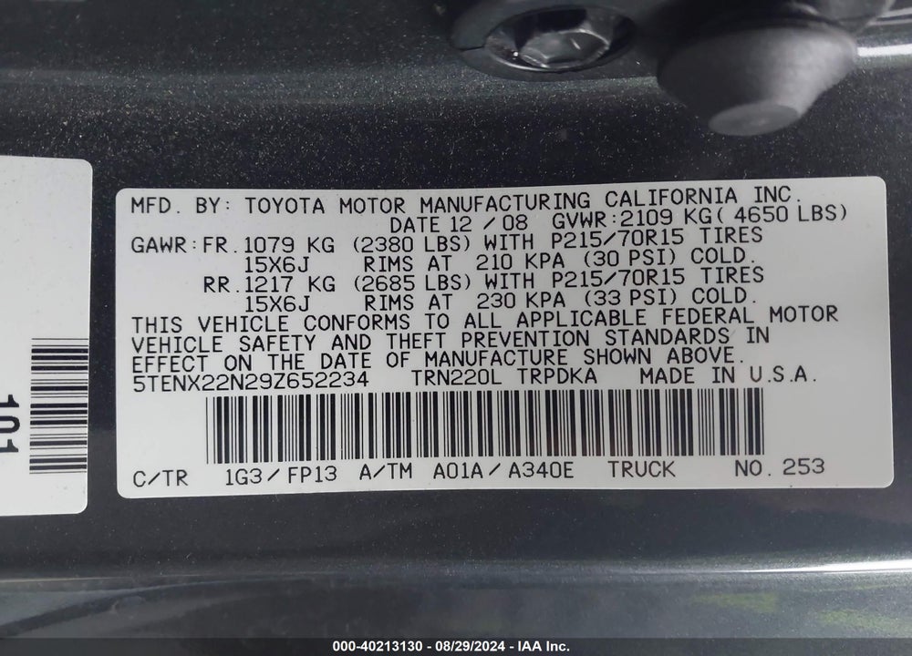 2009 TOYOTA TACOMA VIN: 5TENX22N29Z652234