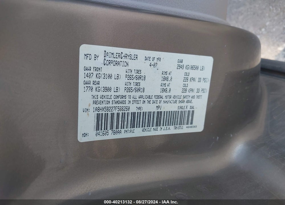 2007 CHRYSLER ASPEN LIMITED VIN: 1A8HX58227F566260