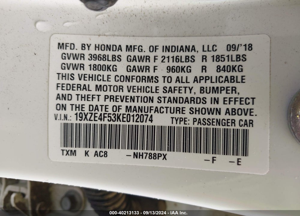2019 HONDA INSIGHT EX VIN: 19XZE4F53KE012074