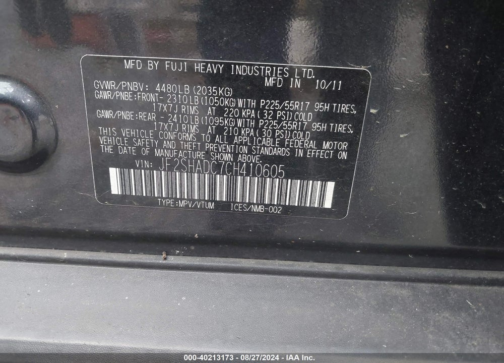 2012 SUBARU FORESTER 2.5X PREMIUM VIN: JF2SHADC7CH410605