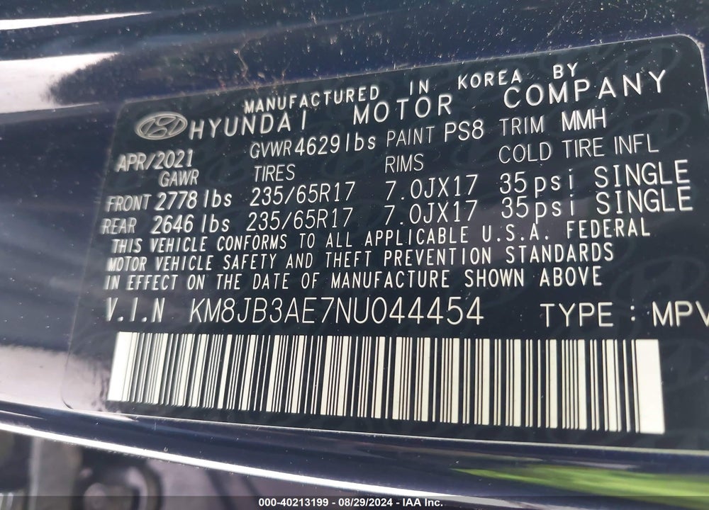 2022 HYUNDAI TUCSON SEL VIN: KM8JB3AE7NU044454
