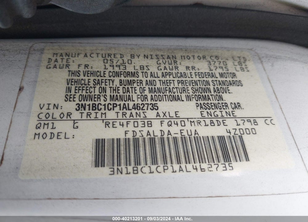 2010 NISSAN VERSA 1.8S VIN: 3N1BC1CP1AL462735