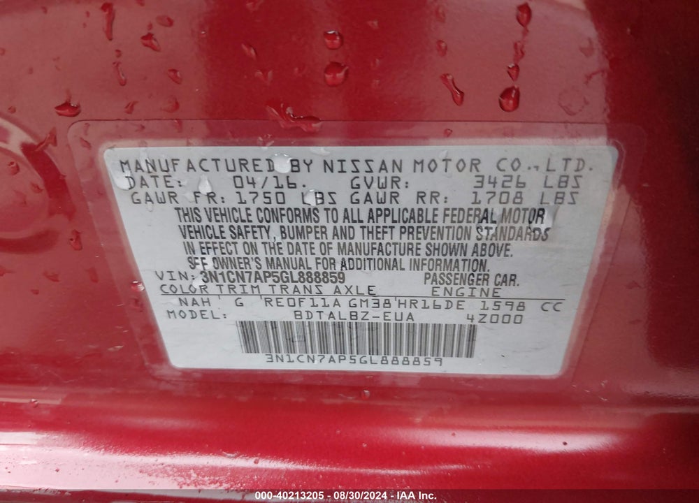 2016 NISSAN VERSA 1.6 SV VIN: 3N1CN7AP5GL888859