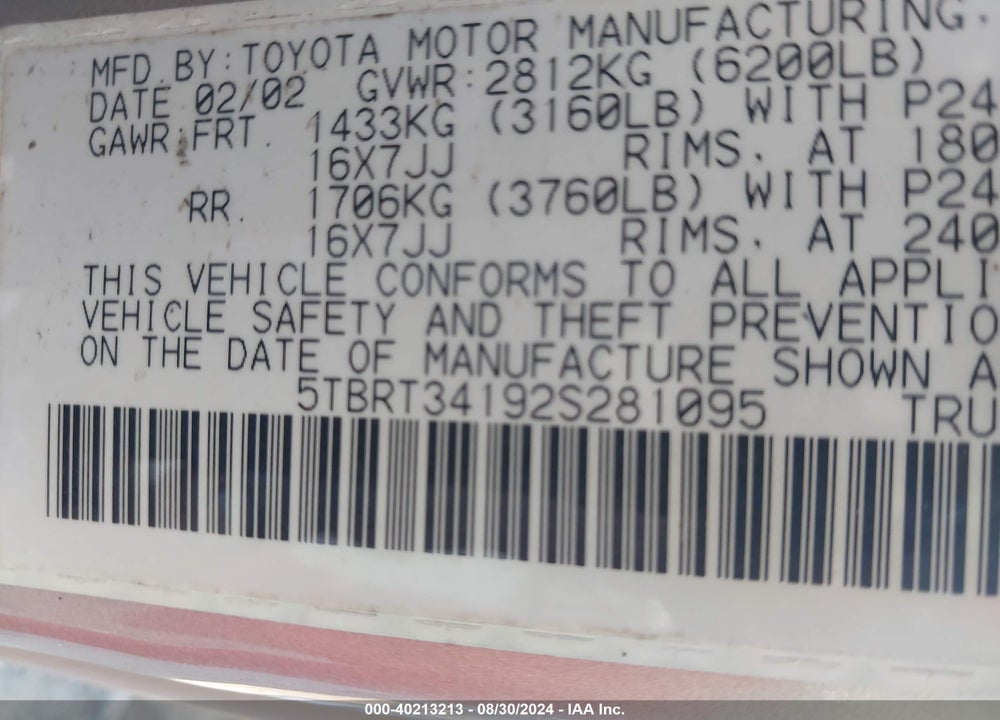 2002 TOYOTA TUNDRA SR5 V8 VIN: 5TBRT34192S281095