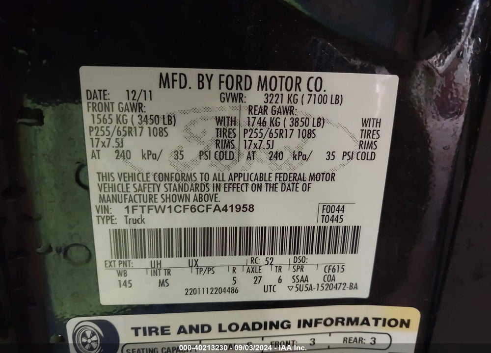 2012 FORD F-150 XLT VIN: 1FTFW1CF6CFA41958