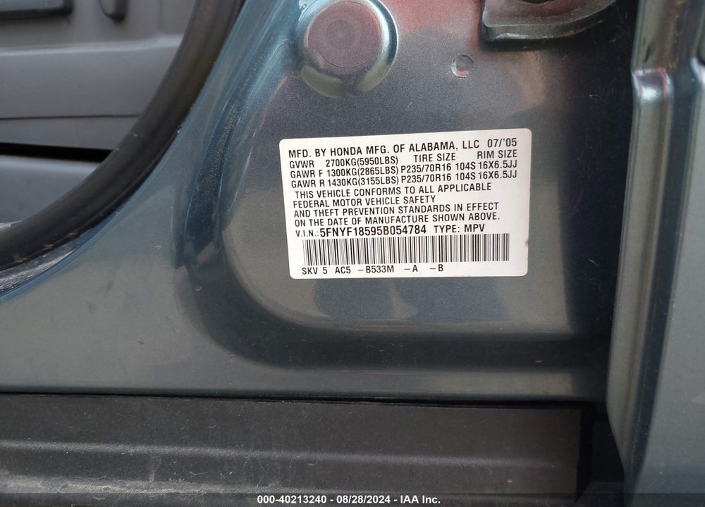 2005 HONDA PILOT EX-L VIN: 5FNYF18595B054784