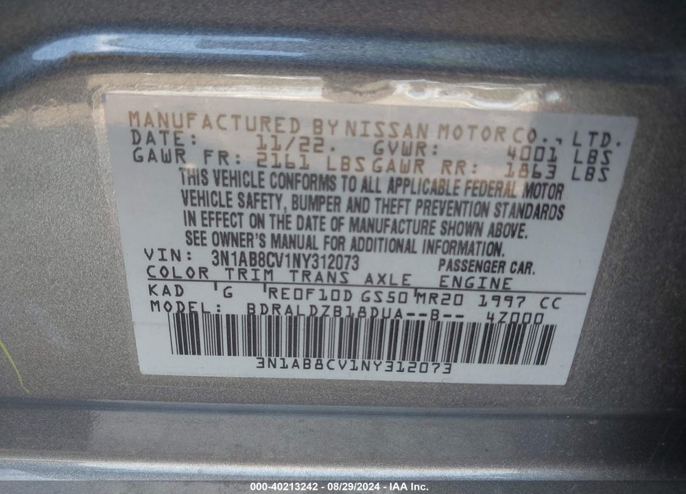 2022 NISSAN SENTRA SV XTRONIC CVT VIN: 3N1AB8CV1NY312073