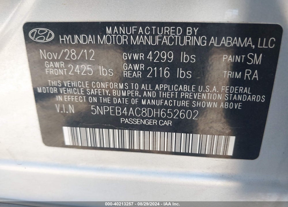 2013 HYUNDAI SONATA GLS VIN: 5NPEB4AC8DH652602