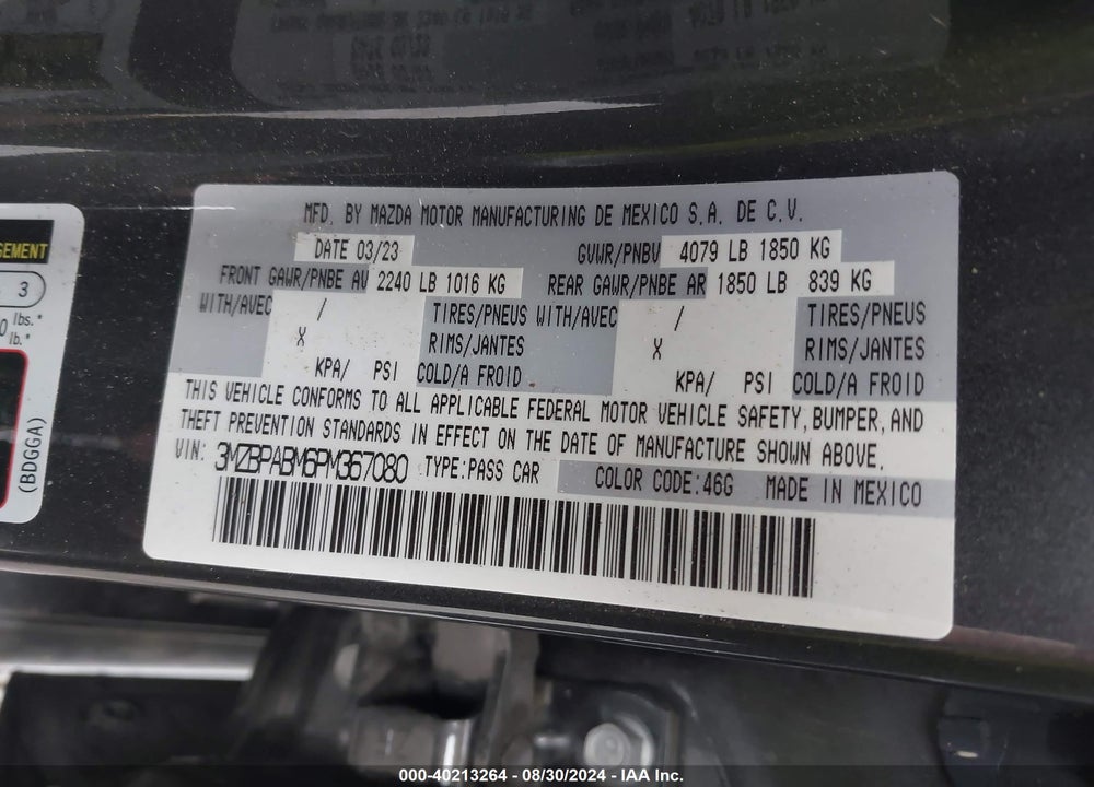 2023 MAZDA 3 VIN: 3MZBPABM6PM367080