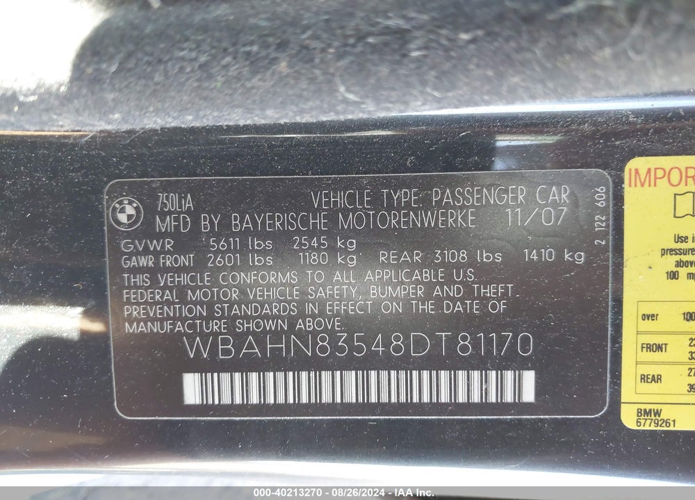 2008 BMW 750LI VIN: WBAHN83548DT81170