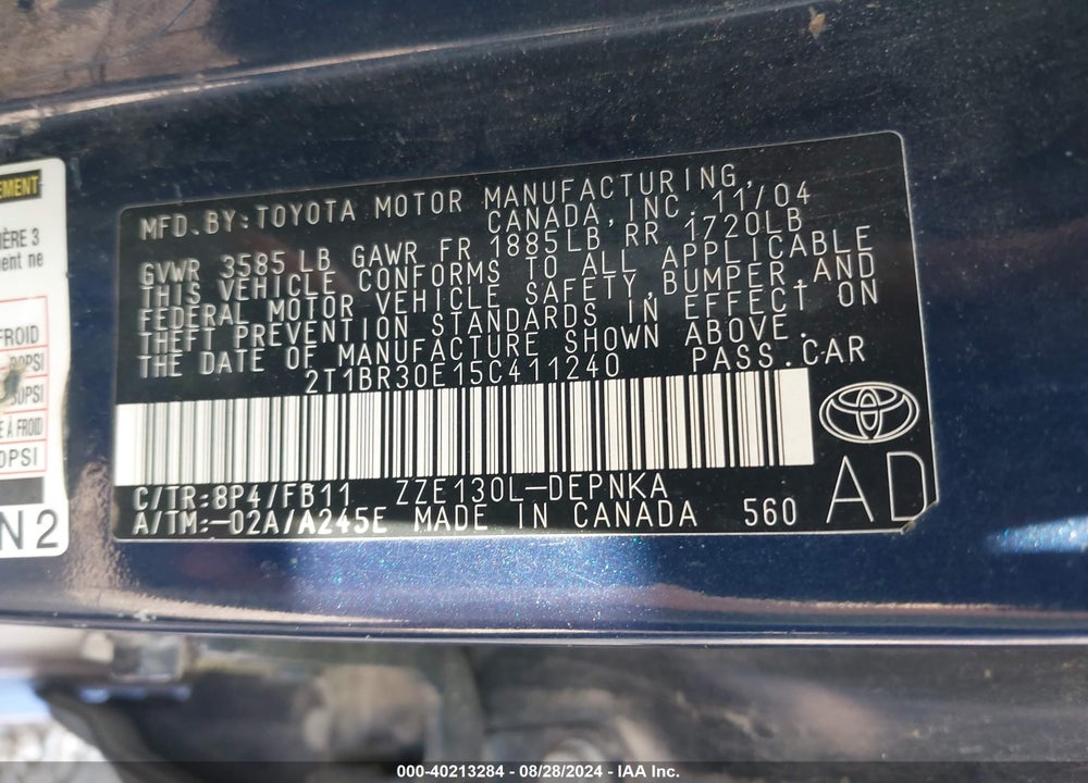 2005 TOYOTA COROLLA LE VIN: 2T1BR30E15C411240