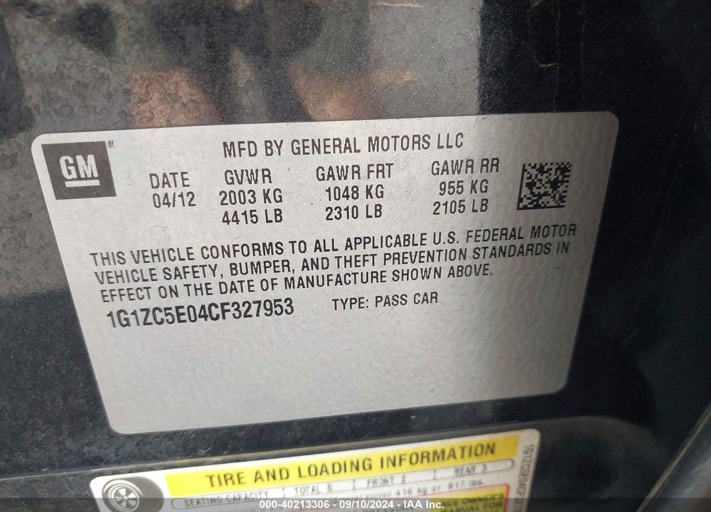 2012 CHEVROLET MALIBU 1LT VIN: 1G1ZC5E04CF327953