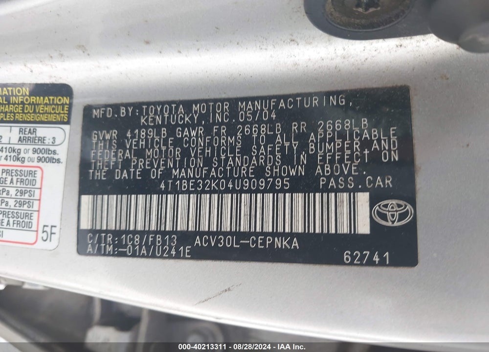 2004 TOYOTA CAMRY LE VIN: 4T1BE32K04U909795
