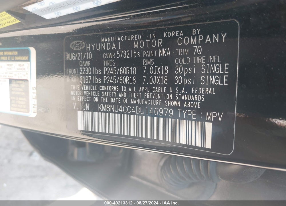 2011 HYUNDAI VERACRUZ LIMITED VIN: KM8NU4CC4BU146979