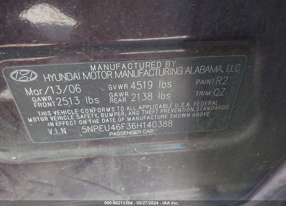 2006 HYUNDAI SONATA GLS V6/LX V6 VIN: 5NPEU46F36H140388