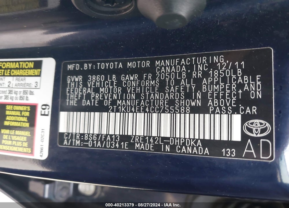 2012 TOYOTA MATRIX L VIN: 2T1KU4EE4CC755588