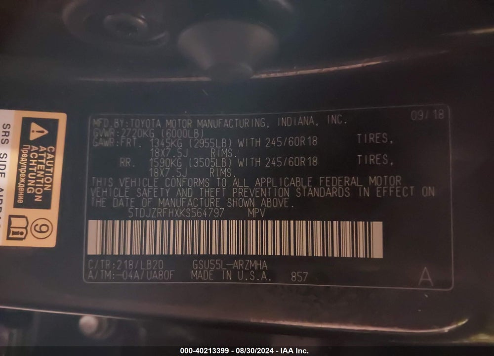2019 TOYOTA HIGHLANDER XLE VIN: 5TDJZRFHXKS564797