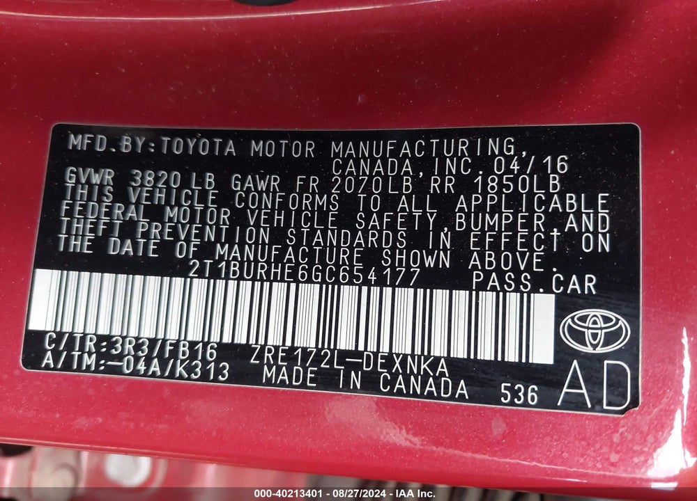 2016 TOYOTA COROLLA LE VIN: 2T1BURHE6GC654177