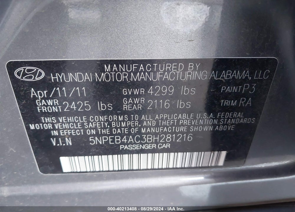 2011 HYUNDAI SONATA GLS VIN: 5NPEB4AC3BH281216