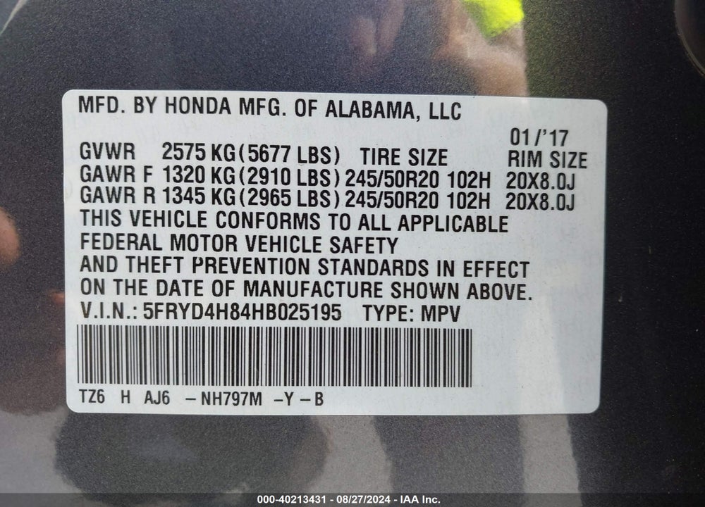 2017 ACURA MDX ADVANCE PKG VIN: 5FRYD4H84HB025195