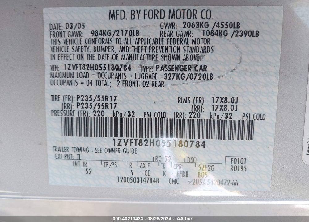 2005 FORD MUSTANG GT DELUXE/GT PREMIUM VIN: 1ZVFT82H055180784